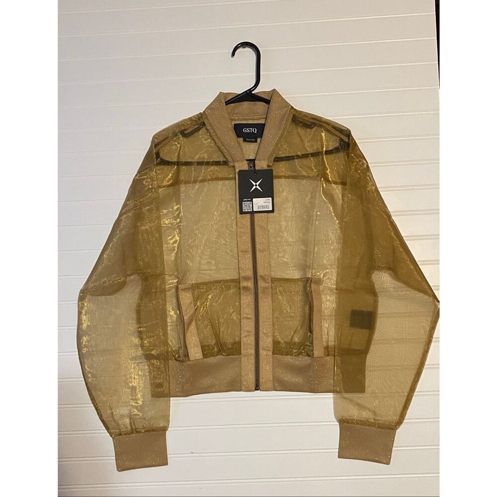GSTQ Metallic Gold Shimmer Sheer Bomber Jacket Sz M